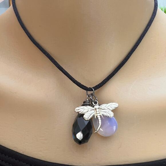 Hand Crafted Jewelry - Dragonfly Oxidized Silver Wire Wrapped Gem Pendant